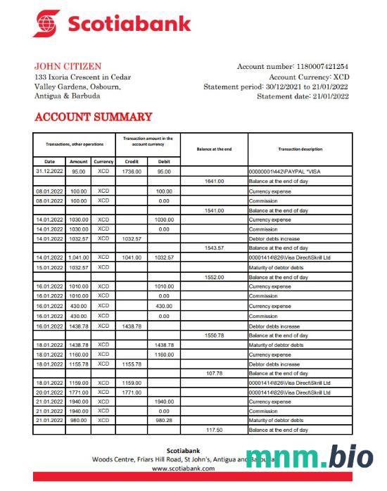 Szablon wyciągu bankowego Antigua i Barbuda Global Bank Of Commerce w programie Word i PDF